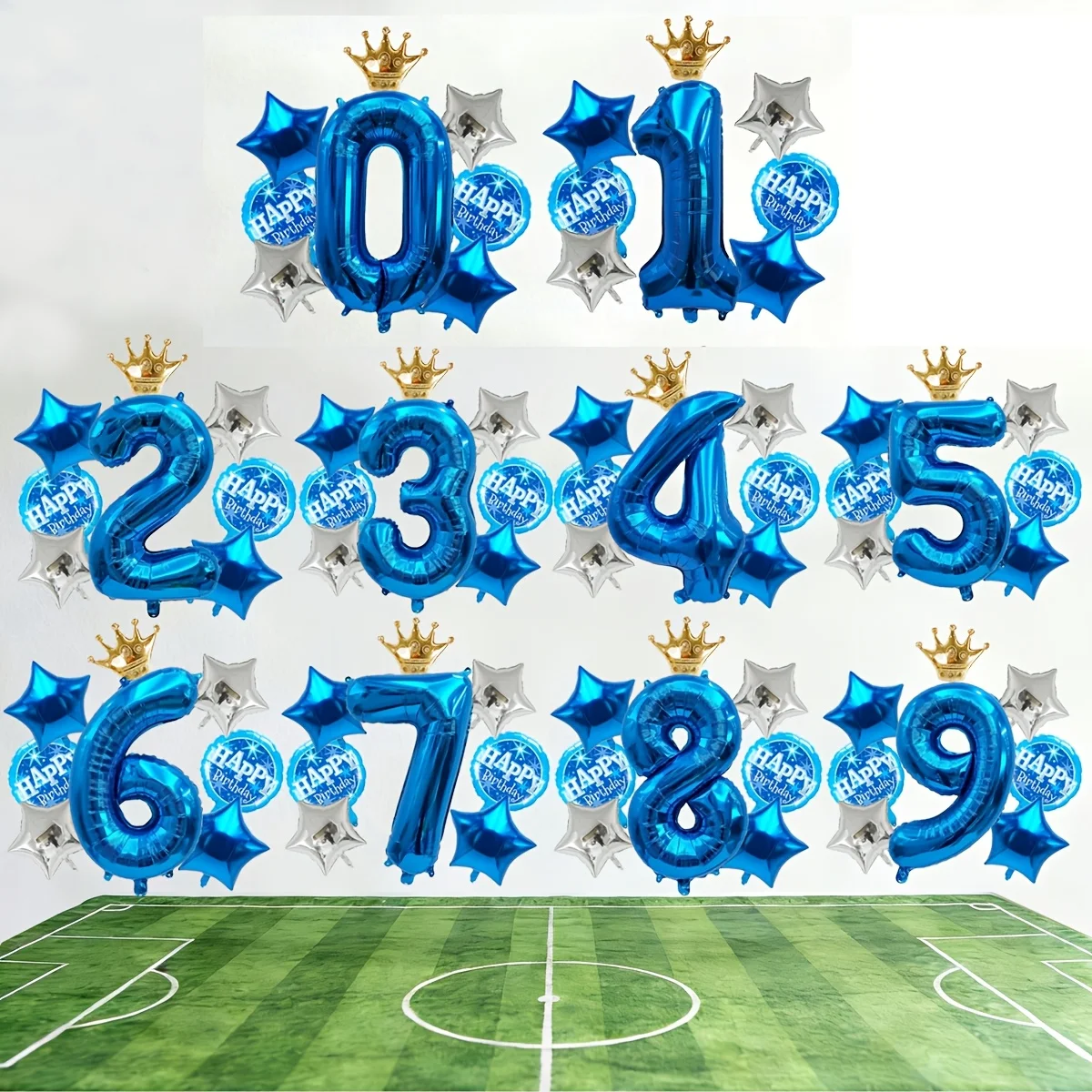 8 Stück blaue Zahlenballons mit goldener Krone, Stern, runde Folienballons, Party-Dekoration, Ballons, Geburtstag, Jahrestag, Feiertagsparty-Dekoration