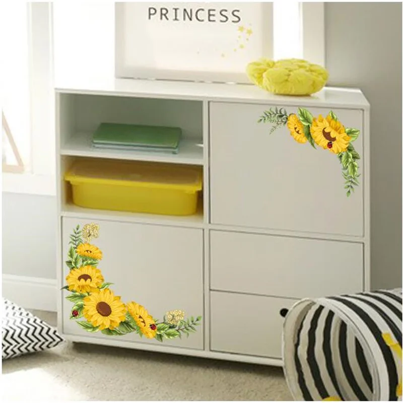 Yellow Sunflower PVC Wall Stickers Decorative Flower Window Diagonal Cabinet & Refrigerator Decor Self-Adhesive Home Decor