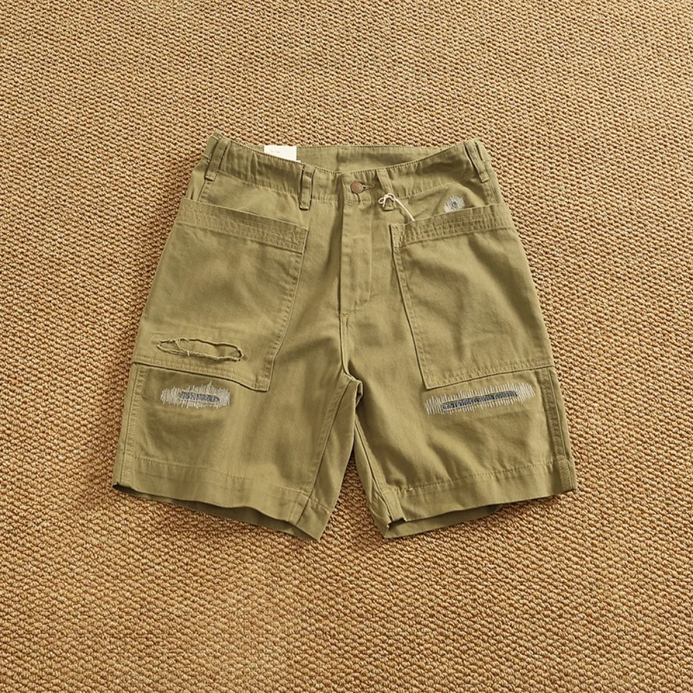 Retro Personality Patch Patch Shorts Men's Pure Cotton Fish Bone Pattern Woven Mid-pants Five-point Pants