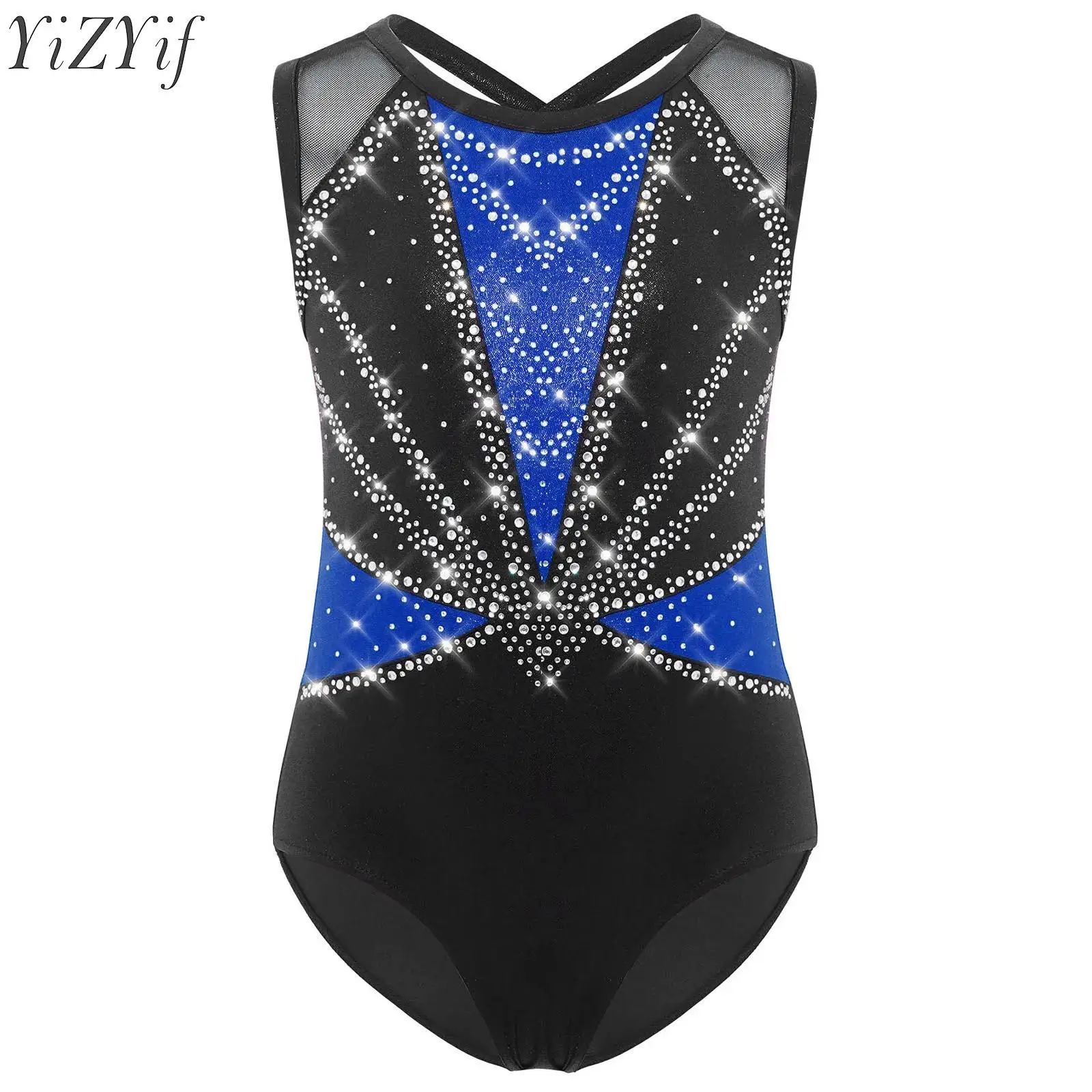 

Kids Girls Ballet Gymnastics Leotard Sleeveless Crisscross Back Rhinestones Metallic Figure Skating Bodysuit Stage Performance