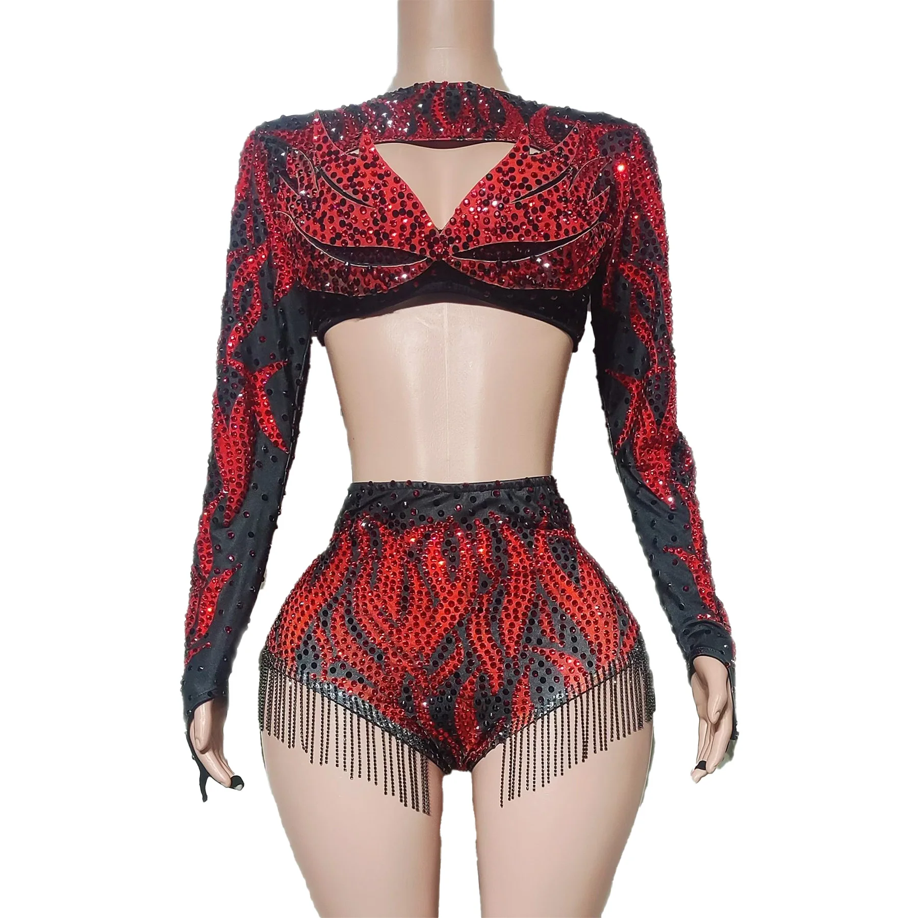 HongYun Fashion Women Party Dress Set Red Rhinestone Exposed Navel Top Super Shorts Sexy Bar Stage Performance Outfit Prom Gowns