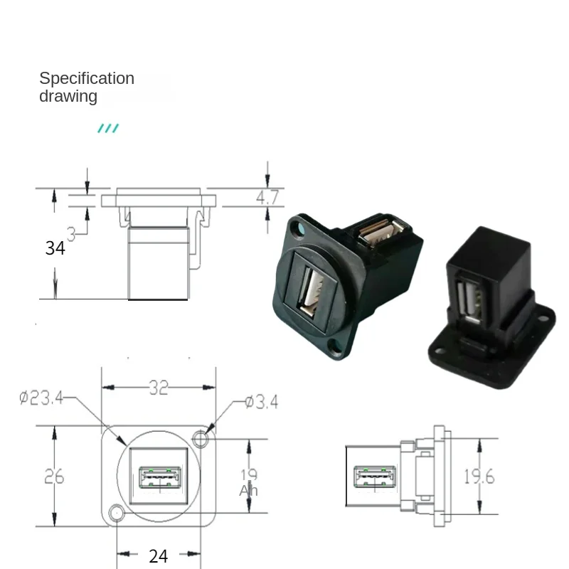 D tipo USB 2.0 parafuso cotovelo fixo, 90 graus, reta bunda conjunta, painel componente módulo conector adaptador, preto e prata