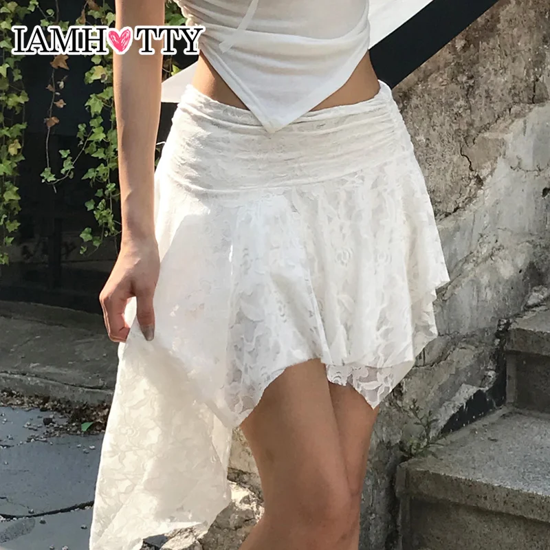 

IAMHOTTY Fairycore Aesthetic Irregular Mini Skirt White Black High Waist A-line Asymmetrical Skirts for Holiday Chic Bottoms y2k