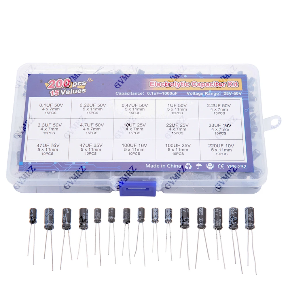 15Values 200pcs Electrolytic Capacitor Organization Storage 0.1-220uF Capacitors Assortment Box Kit 0.1UF 220uF