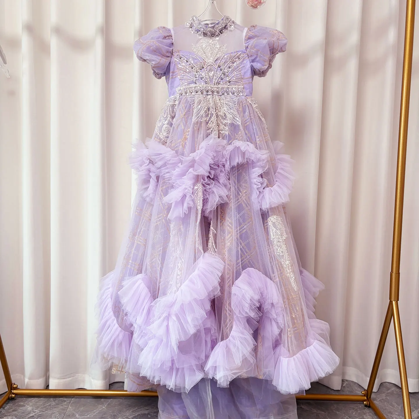 Jill Wish Luxury Beaded Lilac Girl Bridesmaides Dress Arabic for Princess Kids Birthday Wedding Party Pageant Ball Gown J184