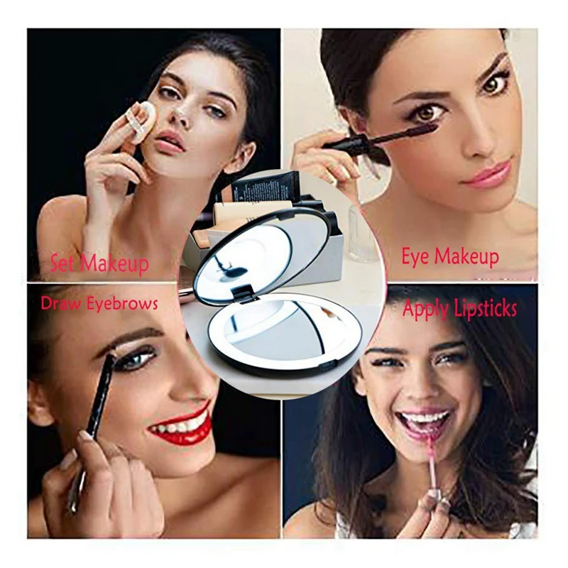 Miroir pliant portable avec lumière LED, mini miroir de maquillage, loupe 10X, 12 perles de lampe