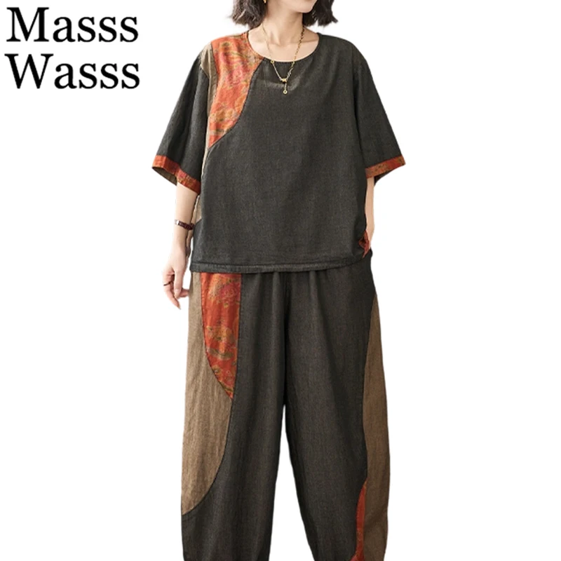 

Летний женский комплект Masss Wasss: джинсовый топ с круглым вырезом и цветочные брюки из денима, модный свободный элегантный наряд из двух предметов