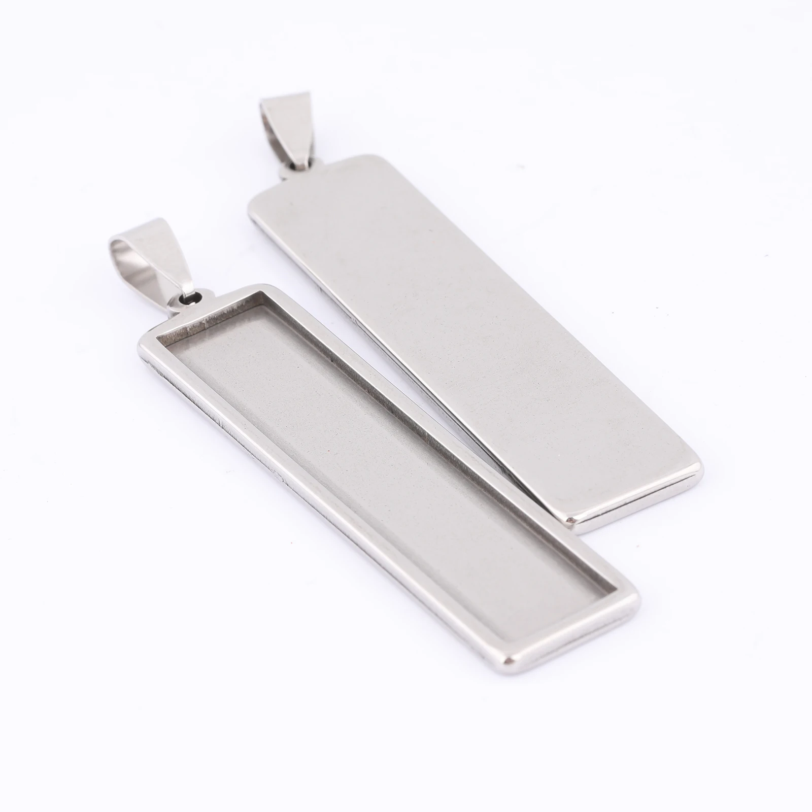 5pcs Stainless Steel 10x50mm Rectangle Cabochon Pendant Base Setting Trays Diy Bezel Blanks For Keychain Necklace Jewelry Making