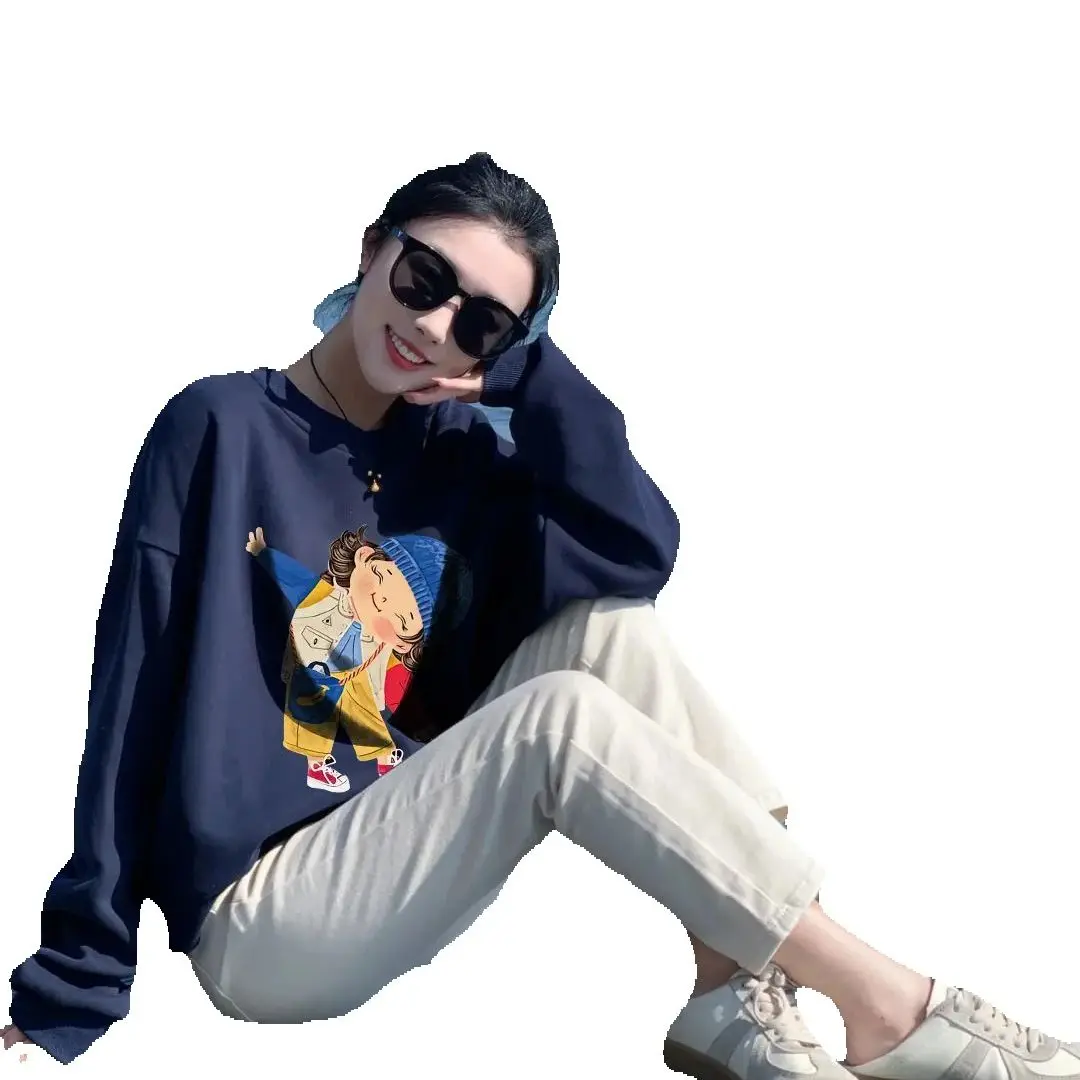 Round Neck Pullover Sweatshirt Hooded Women 2024 Autumn New Style Lazy Style Loose American Retro Long-Sleeved Top