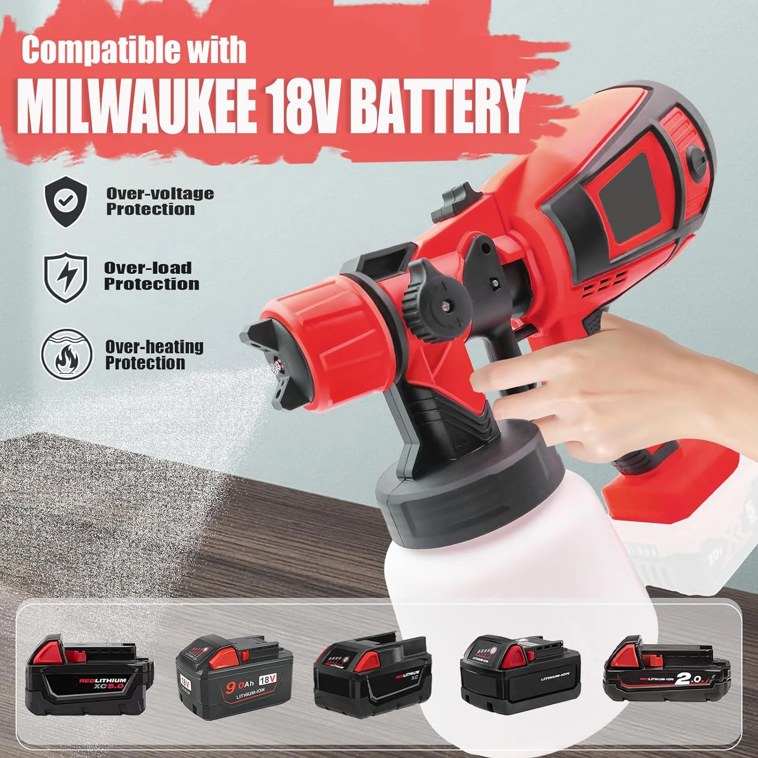 

Cordless Paint Sprayer for Milwaukee 18V Battery, HVLP Electric Spray Gun with 4 Nozzles 3 Spray Patterns 1000ml Cup, 30000RPM Motor for Furniture Cabinet Fence Wall DIY Painting (Battery Not Included)