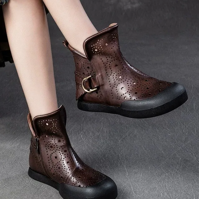 Spain Glas Genuine Leather Vintage Hollow out High Top Women's Boots Breathable Comfortable Hollow Slip-On Sandals