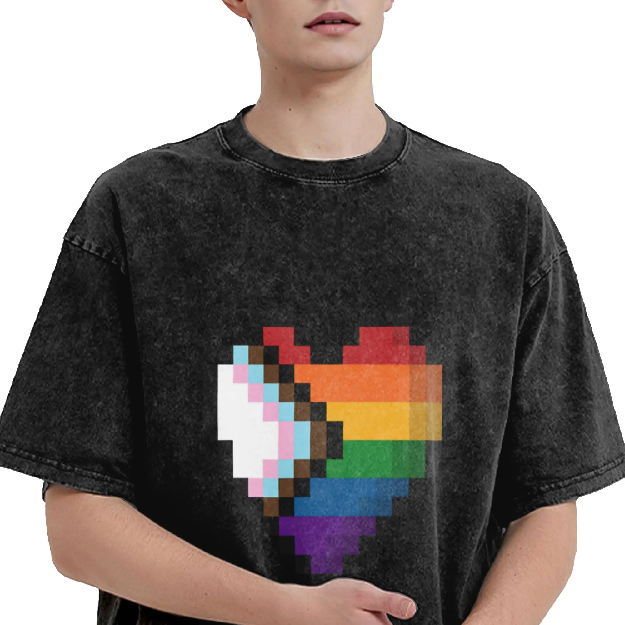 Large Pixel Heart Design in Progressive Rainbow Pride Flag Colors Classic Comfort A Vintage Oversized T-Shirts