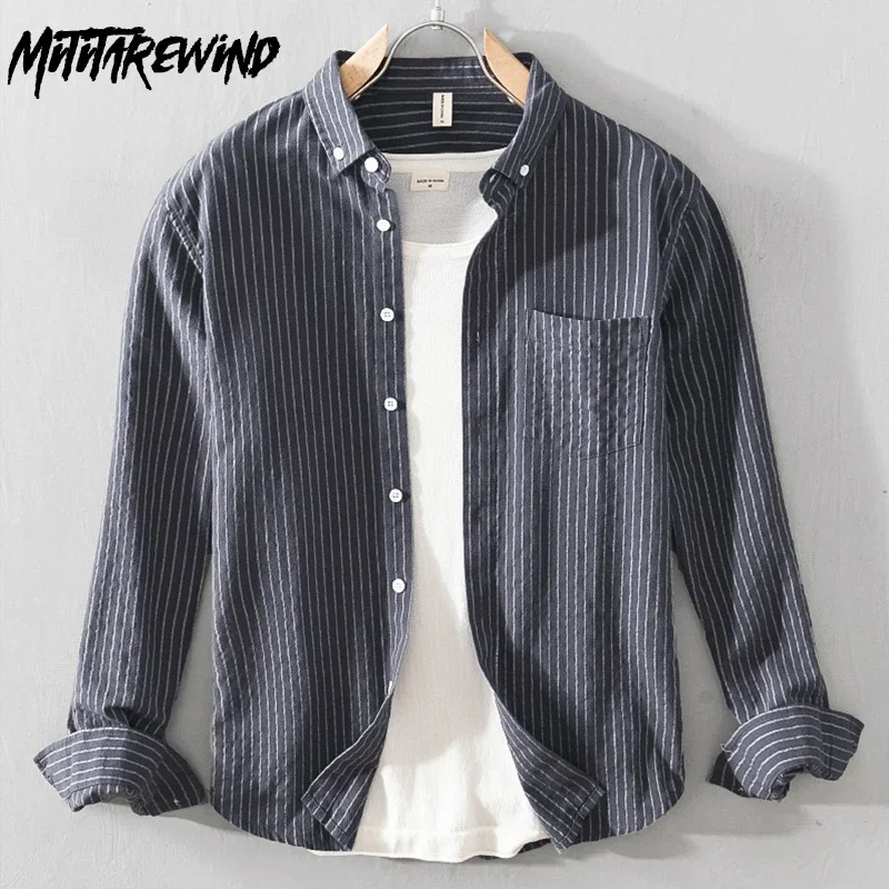 

Harajuku Simple Mens Striped Shirt Spring Fall Daily Casual Long Sleeve Shirt Man Pocket Turn Down Collar Shirts Versatile Shirt