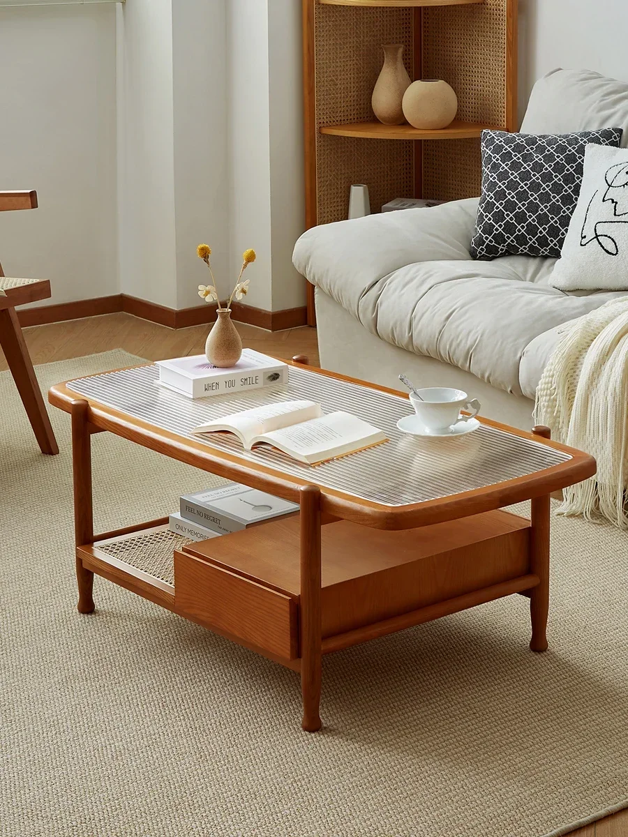 Square Coffee Table Solid Wood Living Room Home Rattan Leisure Changhong Glass Simple Small Apartment