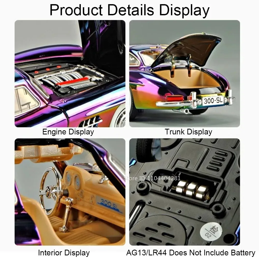 1:24 Phantom 300SL Legierung Diecast Vintage Auto Miniatur Modell Spielzeug Sound Licht Zurückziehen Türen Geöffnet Ornament Kinder Festival Geschenk – Detail 27