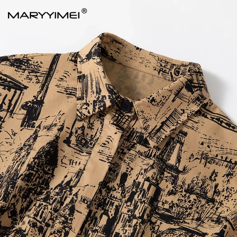 MARYYIMEI Summer Women\'s Dress Turn-Down Collar Short Sleeve Single-Breasted Cotton Vintage Print Lace- Up Dresses