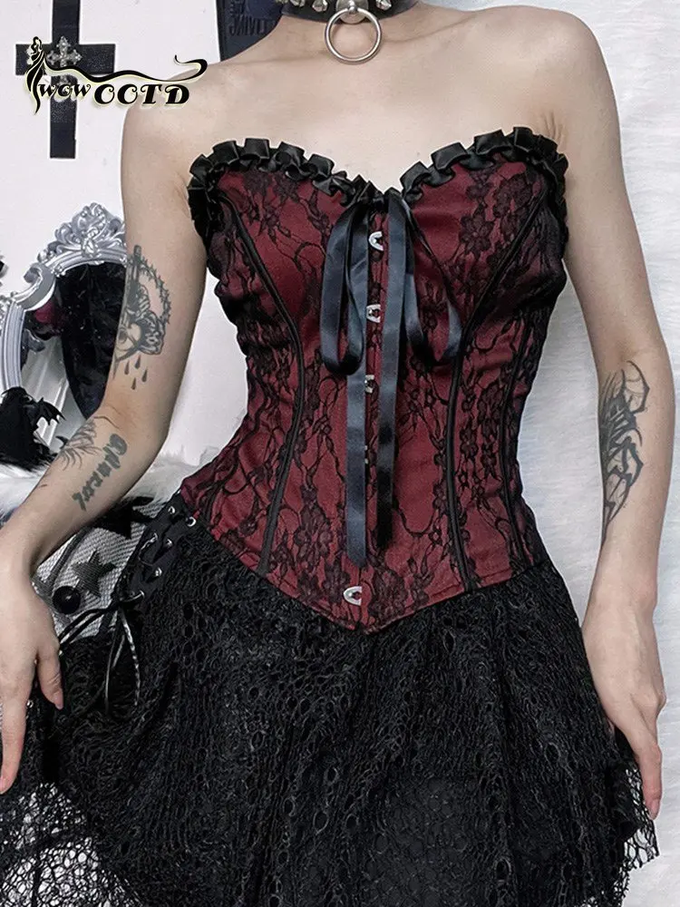 

WOWOOTD Punk Corsets Tube Top Gothic Printed Lace Trim Sleeveless Metal Buttons Lace-up Tank Top Court Elegant Fariy Grunge Top