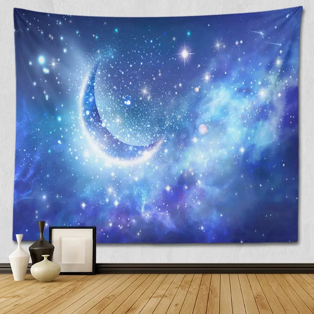 Star Sky Moon Tapestry Hanging Decorative Blue Starry Night Galaxy Universe Large Fabric Wall Tapestry for Bedroom Wall Decor