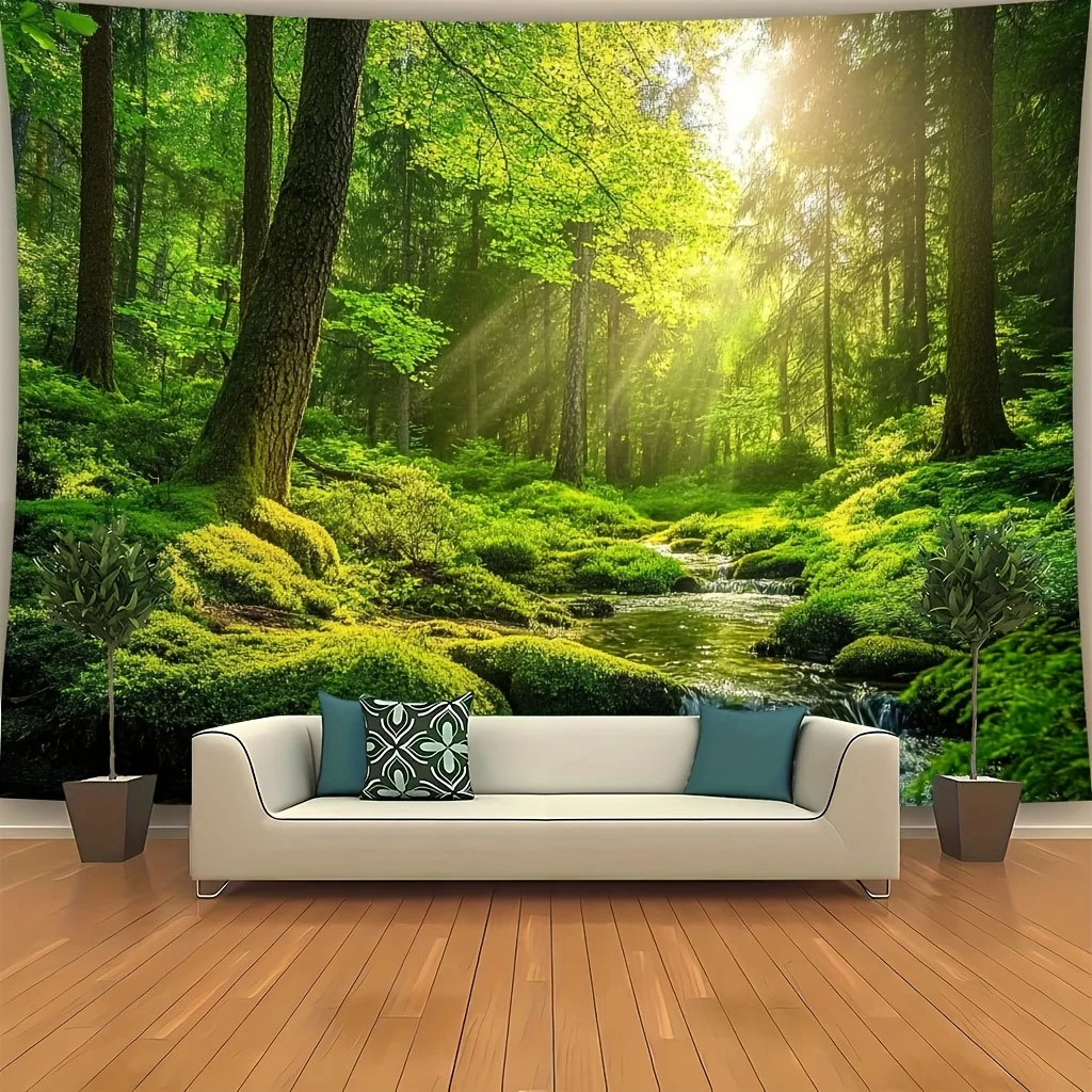 Tapiz Summer Forest Glade: diseño vibrante de luz solar y flujo de musgo, tela de poliéster duradera para sala de estar, dormitorio
