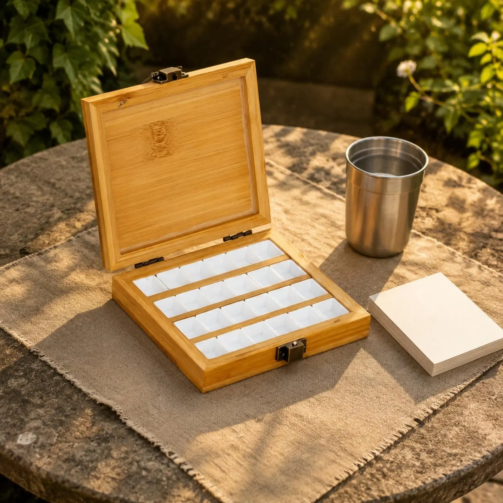 Compartmented Watercolor Box Bamboo Wood Wooden Paint Box Hinged Wooden Case Metal Clasp Locking Art Toolbox Flat-Opening Lid