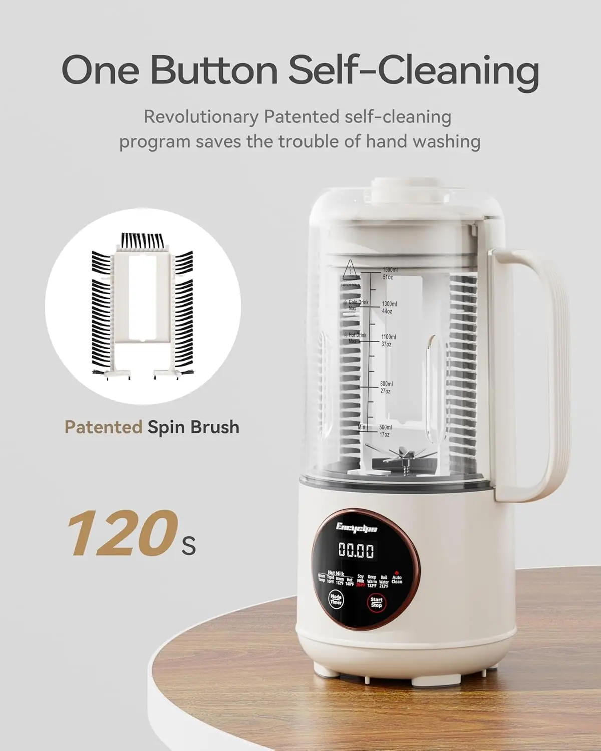 Soy Milk Maker with Spin Clean Brush and Nut Milk Bag, Homemade Plant-Based Oat Milk Machine with Auto Clean, Boil Water, Delay