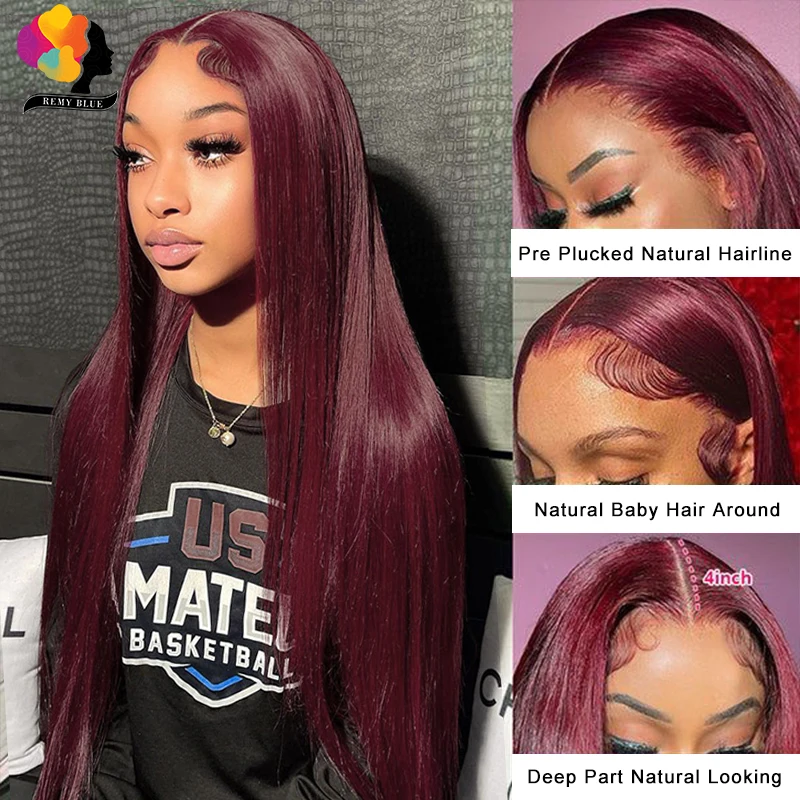 13x6 Dark Burgundy Lace Frontal Wigs Human Hair Pre-Plucked 13X4 Lace Front Human Hair Wigs for Women Straight Lace Front Wig