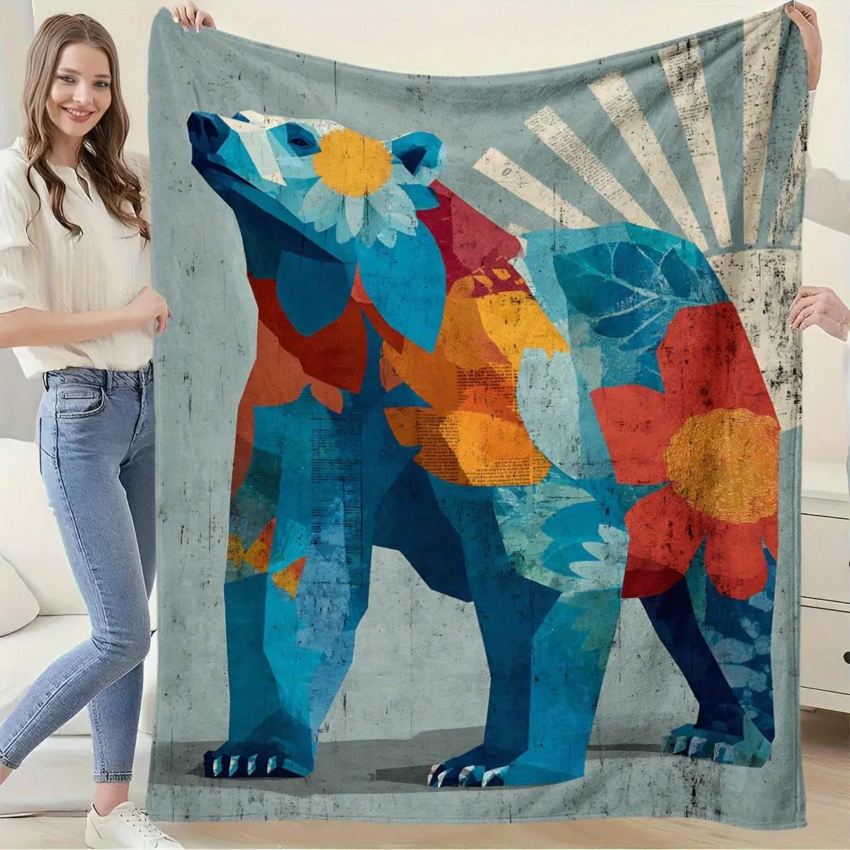 

1pc Bohemian Bear & Floral -to-s Color-Coded Male/Female Design Blanket - Turquoise Blue & Golden Soft Flannel All-Season Cozy