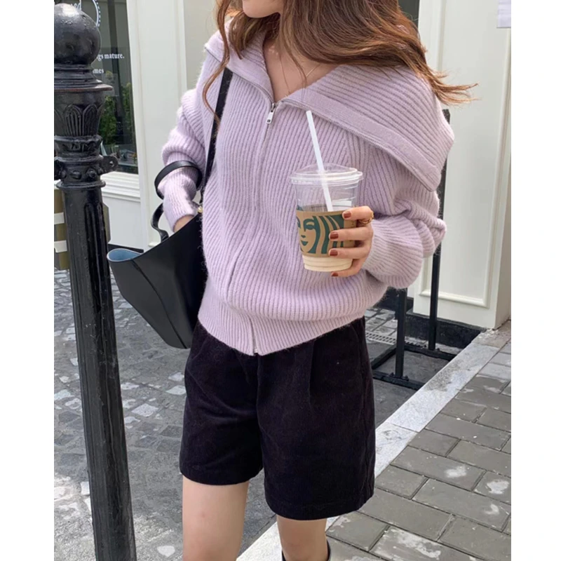 Damski sweter-płaszcz z dzianiny, luźny krój, duży kołnierz, zapinany na zamek, jesień-zima, nowy, styl koreański.