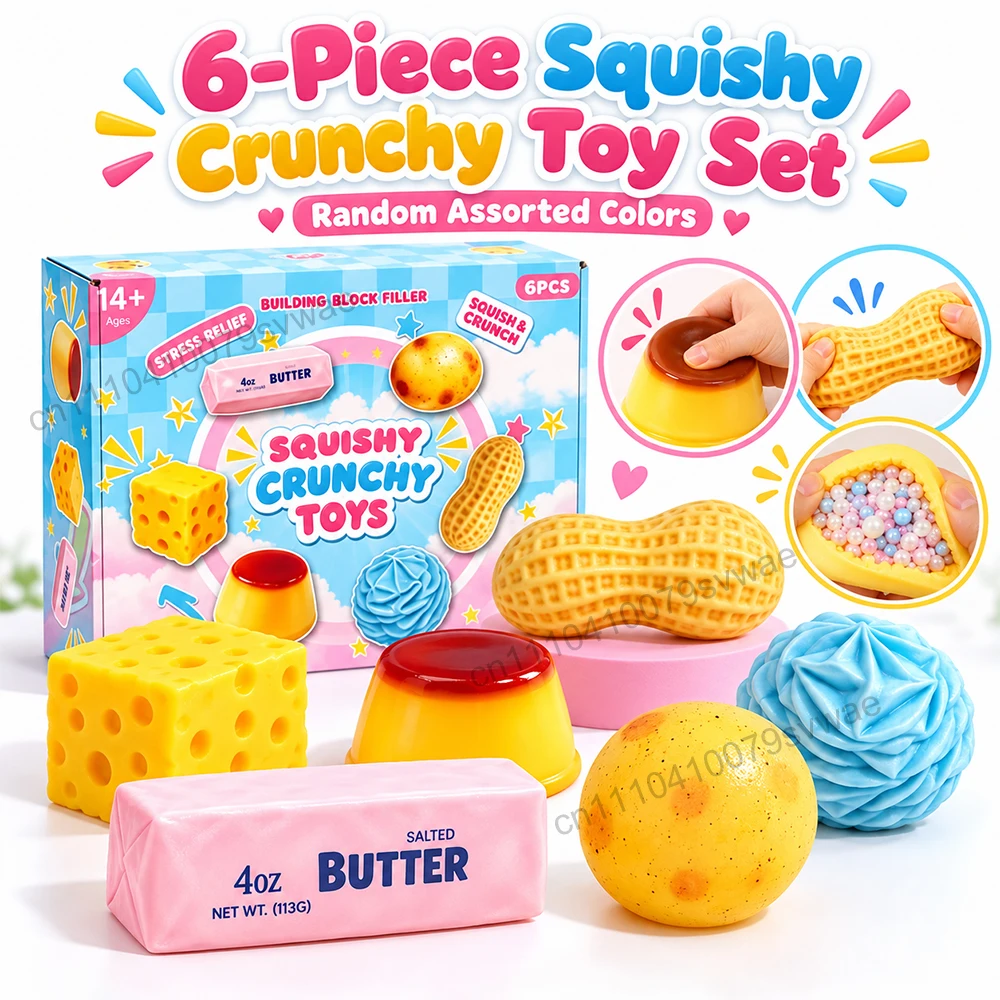 6pcs Squishy Crunchy Stress Relief Fidget Toys, Squeeze Sensory Decompression Toys, Relaxing Unique Stress Ball Party Gifts