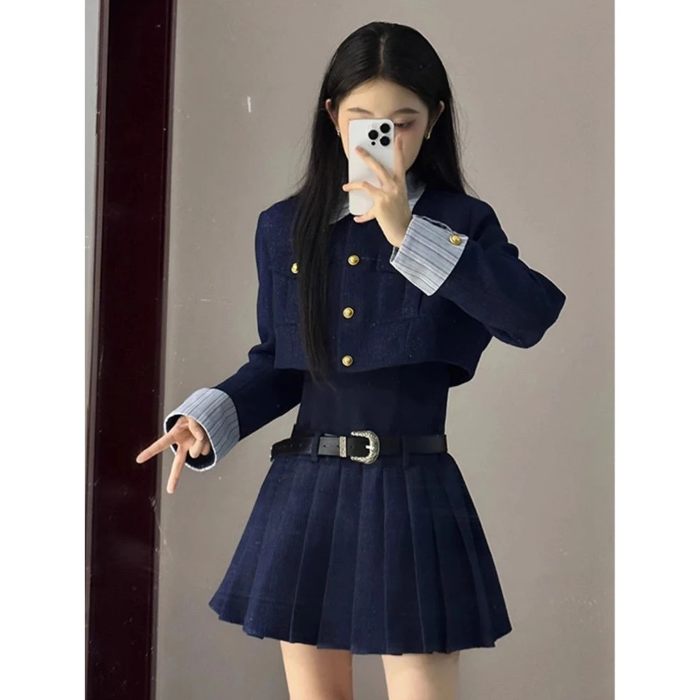 

Women's Autumn Preppy Style Short Slim Jackets Mini Dress Two Piece Set Lady Navy Blue Patchwork Stripe Coats Polo Dress Suits