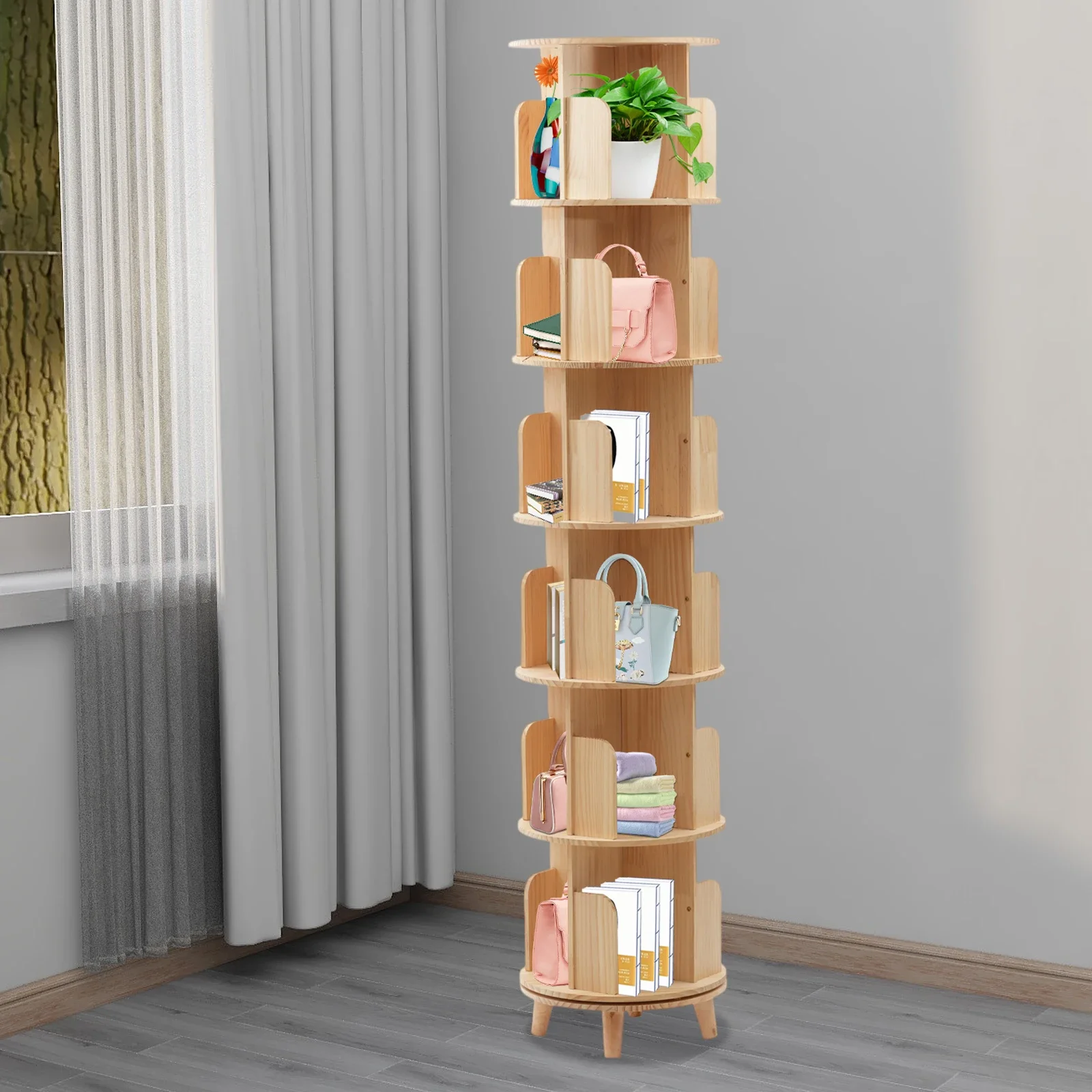 360° Rotating 6 Tier Wooden Bookcase - Floor-Stand Book Organizer Holder for Home