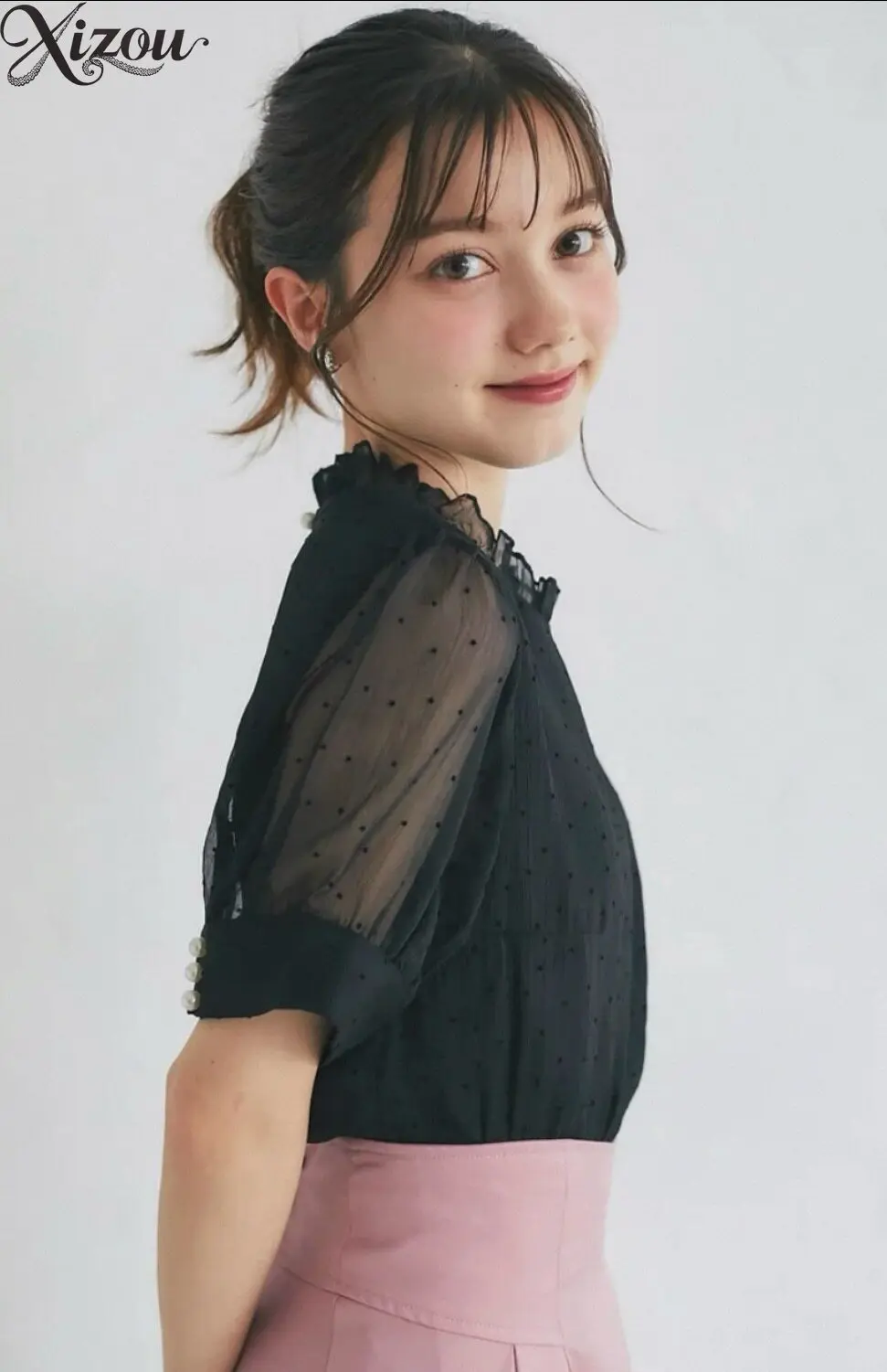 Women Polka Dot Chiffon Blouse Ruffle Stand Collar Puff Short Sleeve Pearl Button Cuff Elegant Sweet Office Casual Summer Top