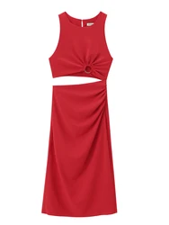 KAOPU ZA Women with cut-out draped fitted midi dress vintage o-neck back slit side zipper female dresses vestidos mujer