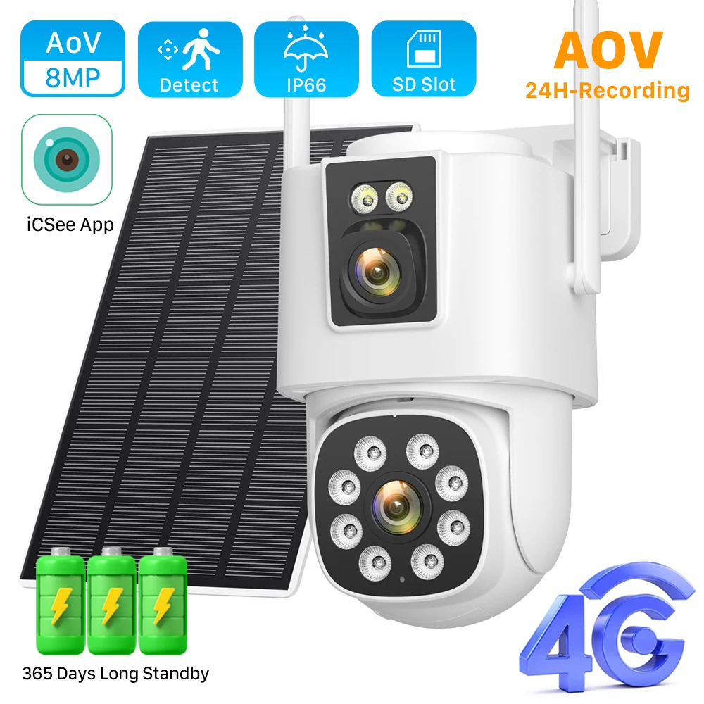 4G Solar Camera Dual Lens 24-Hour Recording Built-in Battery Outdoor AOV Camera 8MP 12MP Auto Tracking Security Camera iCSee App