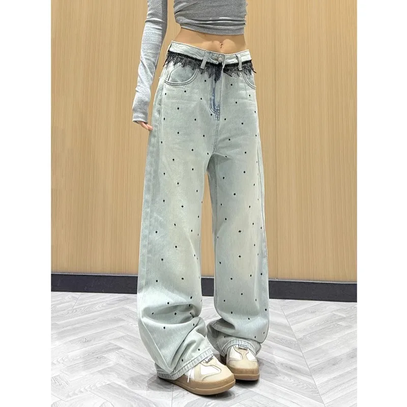 Blue Lace-embroidered Denim High-waisted Slimming Pants with Glittering Sequins and Wide-leg Designwomen blue jeans for women