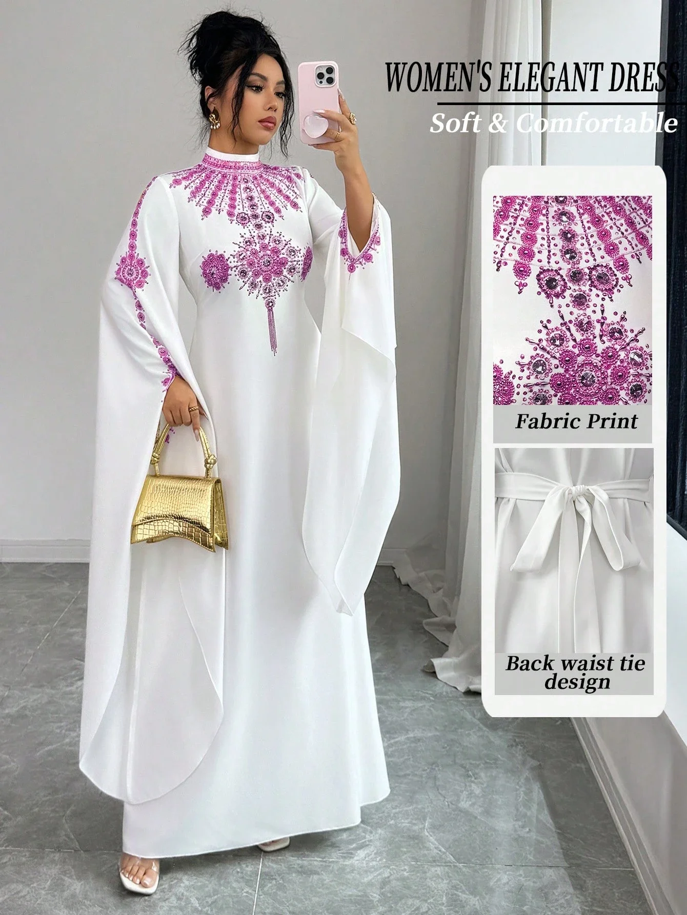 

Элегантное женское макси-платье в ближневосточном стиле с вышивкой, открытыми рукавами и завязками на талии