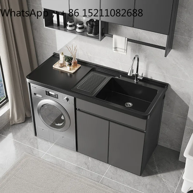 SCY arc stainless steel washing machine balcony integrated cabinet with rubbing board washbasin sink laundry table