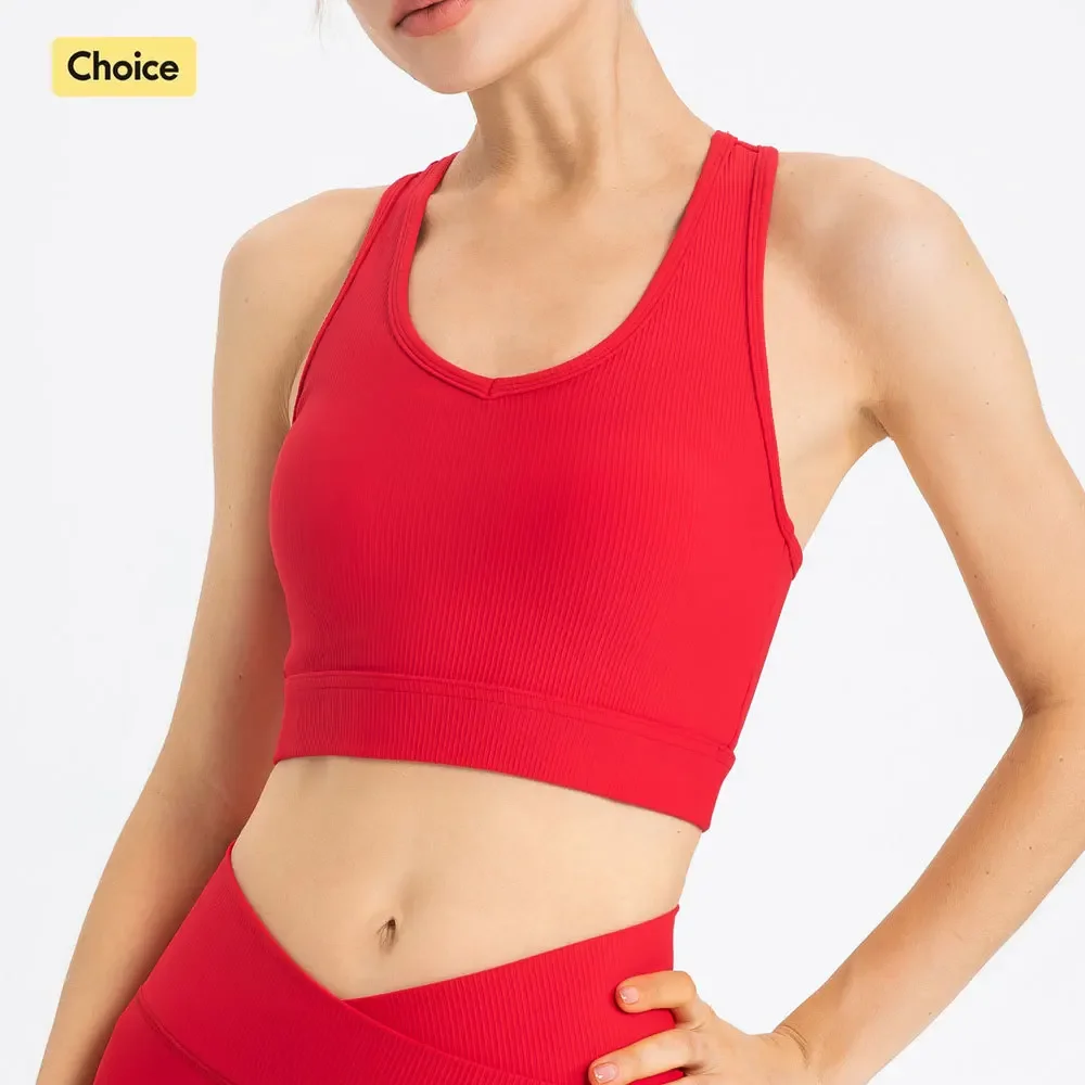 Ribbed Sports Bra for Women Padded Tank Top Yoga Clothes Sportswear Woman Gym Workout Clothing Wireless Push Up Bra