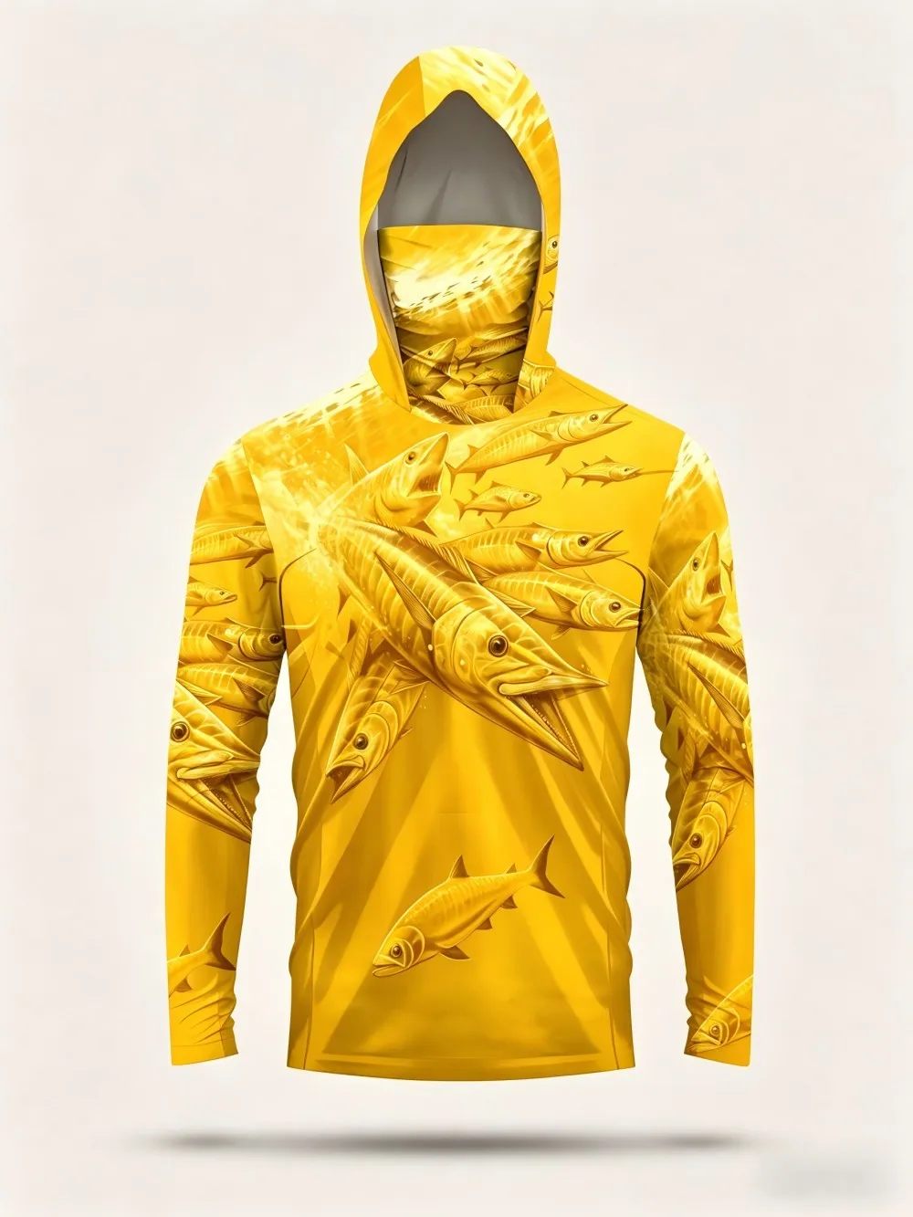 Men's summer fashion fish school print comfortable breathable hooded fishing suit long sleeved T-shirt outdoor casual top view 6