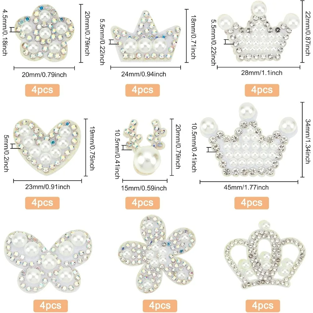 36Pcs Shinny Rhinestone Patches Crown Flower Heart Antlers & Butterfly Shaped Imitation Pearl Beads Crystals Appliques