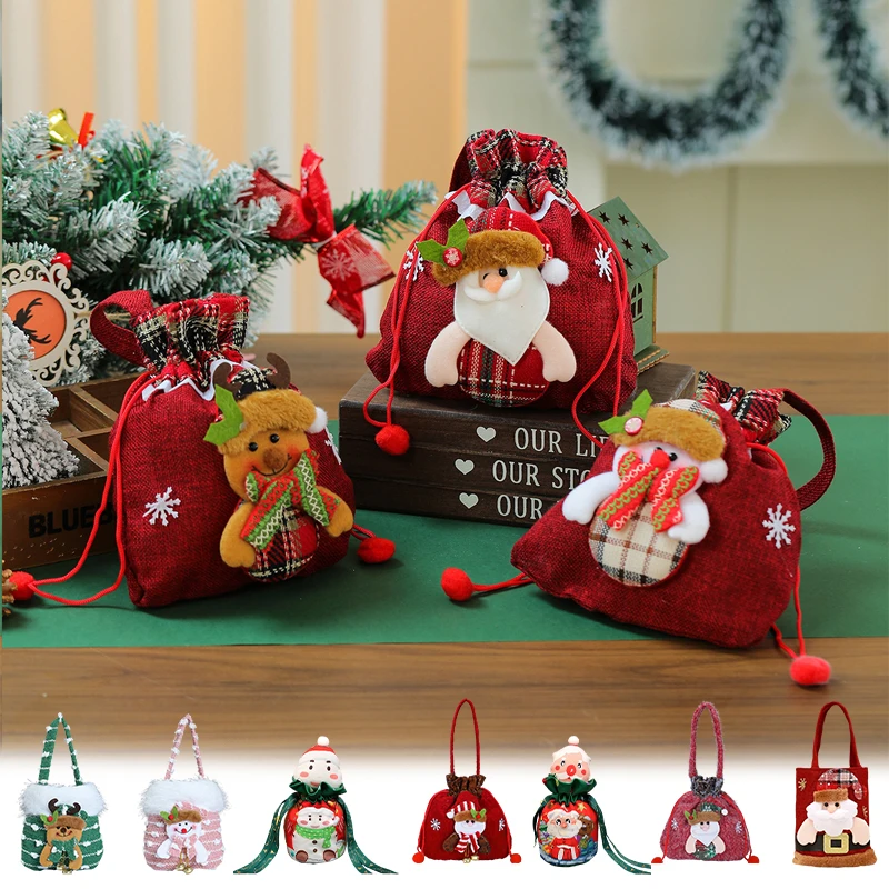 

Christmas Drawstring Gift Bag with 3D Doll Design Reusable Santa Snowman Reindeer Sack for Party Favors and Holiday Home Decor