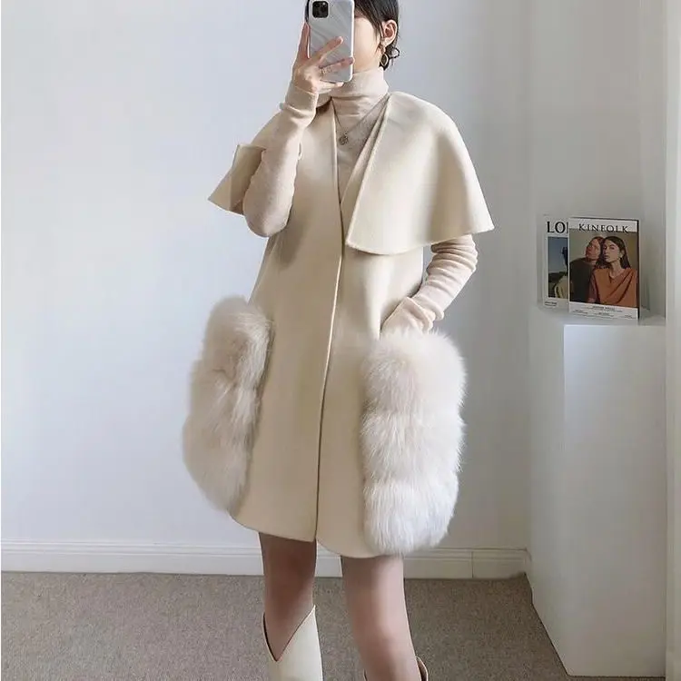 Hot Sale Woolen cape shawl coat for women, small stature, 2024 autumn/winter new style, fur and fur integrated double-sided cash