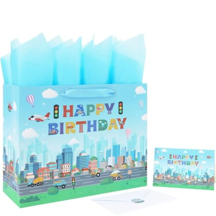 

13'' Large Birthday Gift Bag Set with Handles, Greeting Card, Tissue Papers and Stickers for Boys', Girls','Party, Baby, Newbor