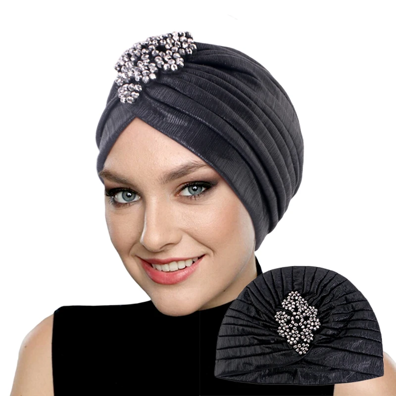 

New Women Elegant Pleated RhinestoneTurban Hat Elastic Indian Head Wrap Chemo Bandana Hijab Headwear Muslim India Cap Turbante