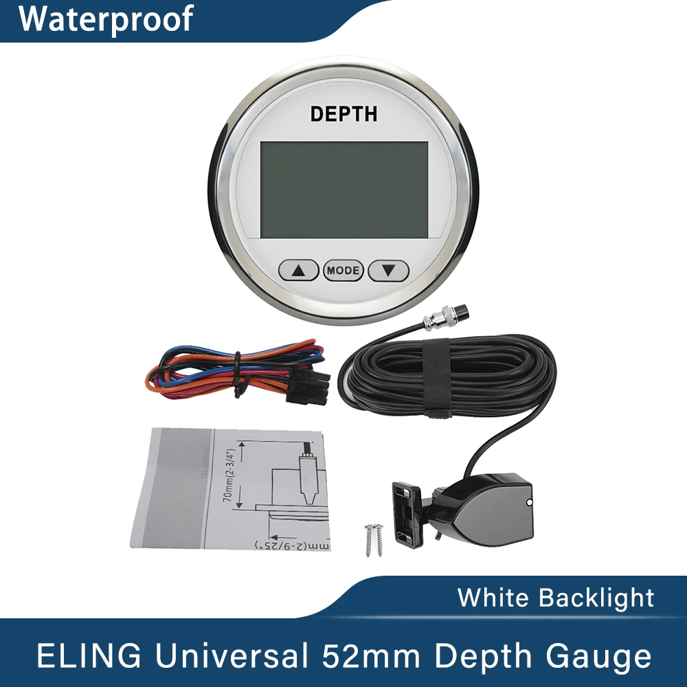 Elling Nieuwste 52Mm Digitale Dieptemeter Indicator Met Transducer En Witte Achtergrondverlichting Voor Jachten Vissersboten Universele 12V