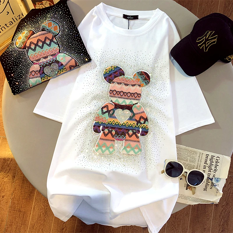 Chic Diamonds Bear Embroidery Cute T Shirts 5XL Oversized Loose Summer Cotton Y2k Tops Japan Kawaii Harajuku White Graphic Tee