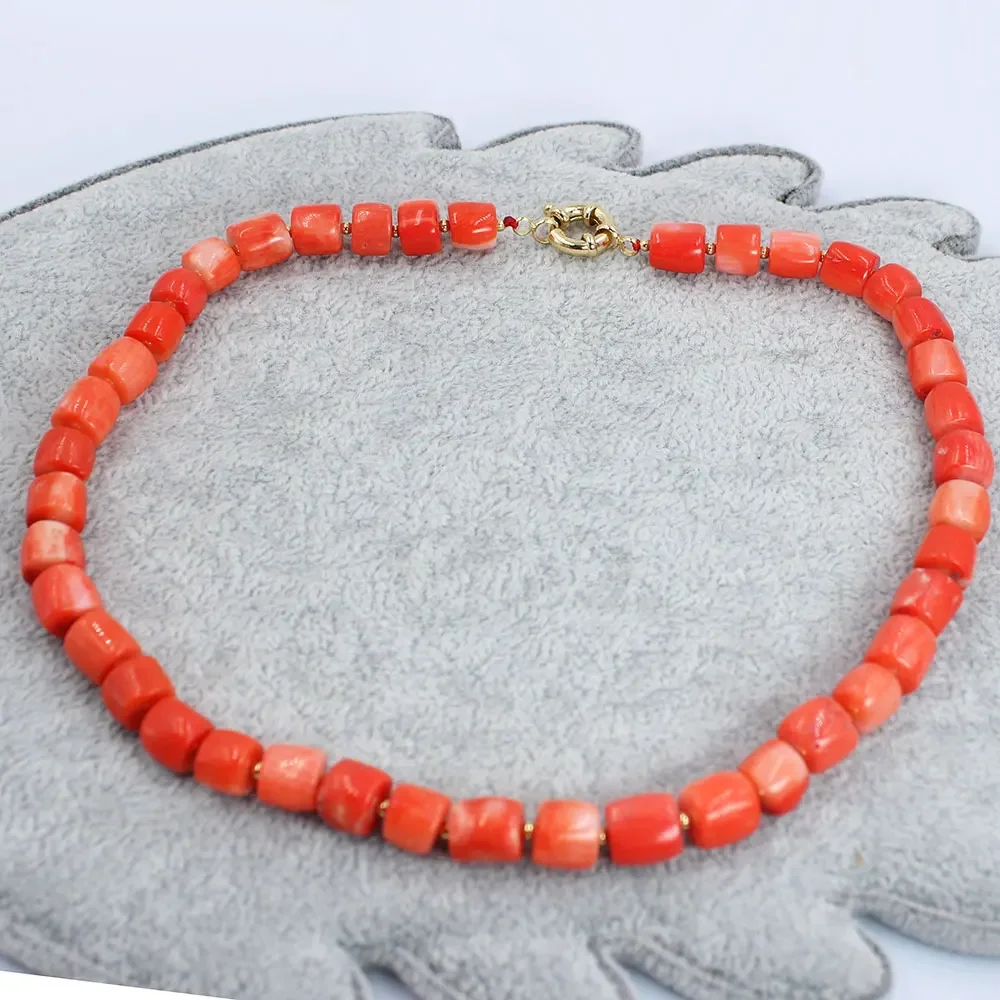 9-10mm Drum Column Orange Natural Sea Bamboo Coral Irregular Chokers Short Necklace for Mother\'s Day Jewelry Gift 18\