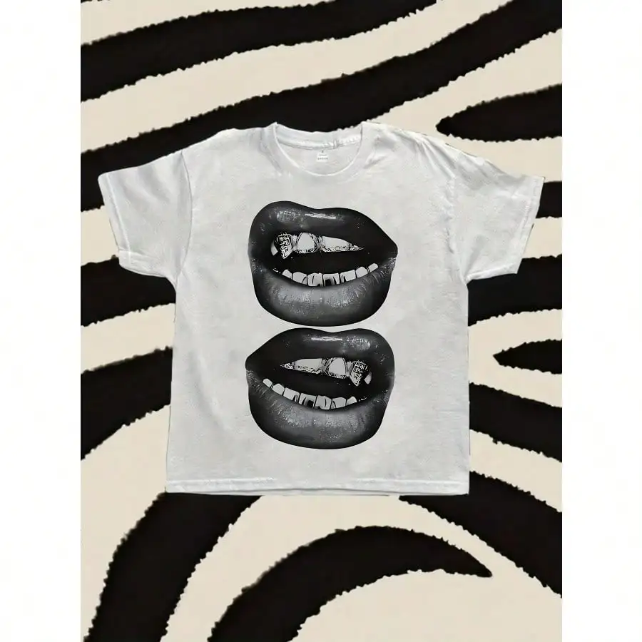 Women's Casual Short Sleeve T-Shirt With Bold Lips & Teeth Graphic Print, Geometric Pattern Round Neck Summer Top,