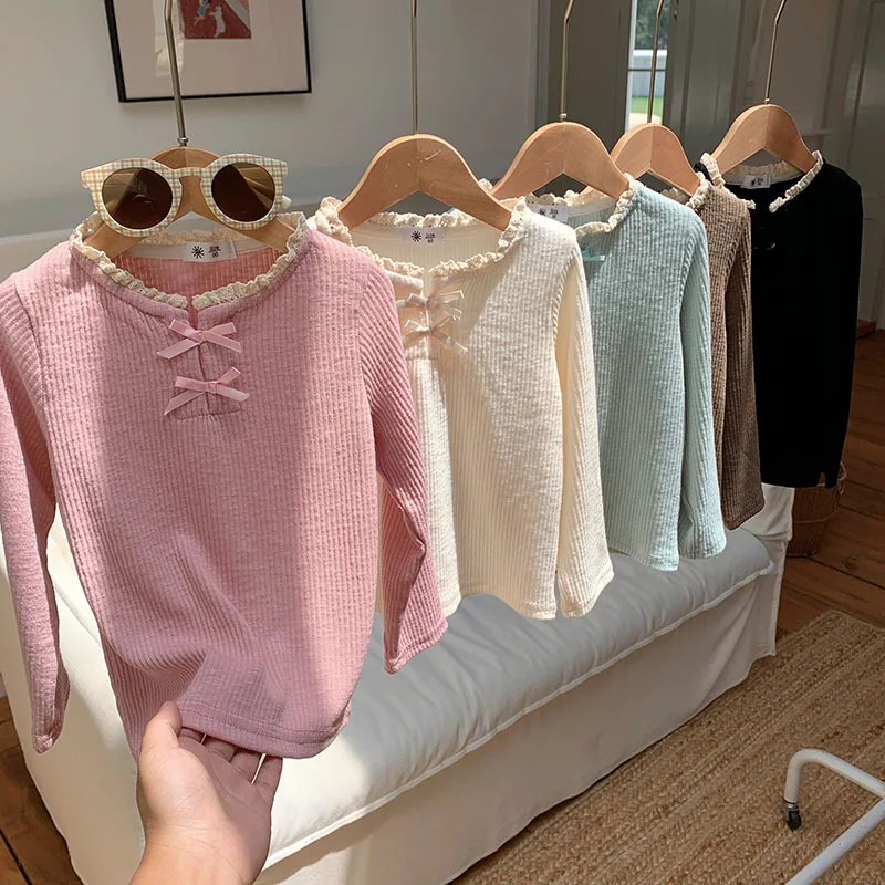 

Футболка с длинными рукавами для маленьких девочек, детские топы с бантом, футболки, нижний пуловер для малышей, осенняя детская одежда, повседневная одежда