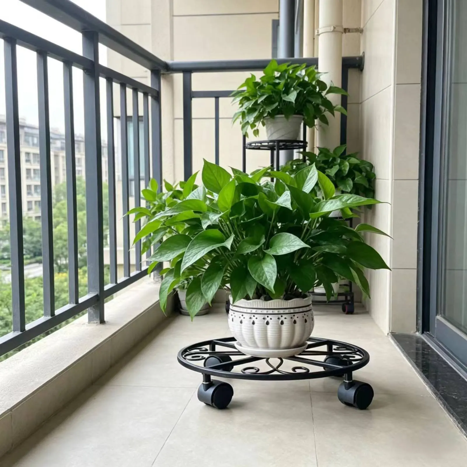 Round Plant Trolley Easy to Install Metal Plant Stand with Wheels Rolling Pot Stand Heavy Duty Garden Hardware Movable for Patio